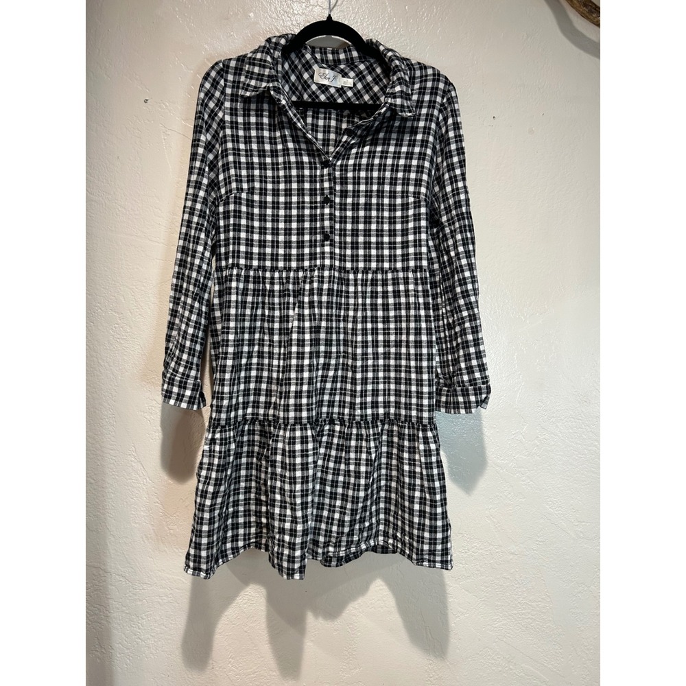 Eliza J Womens Black White Gingham Plaid Tiered Cotton‎ Shirt Dress Size 12